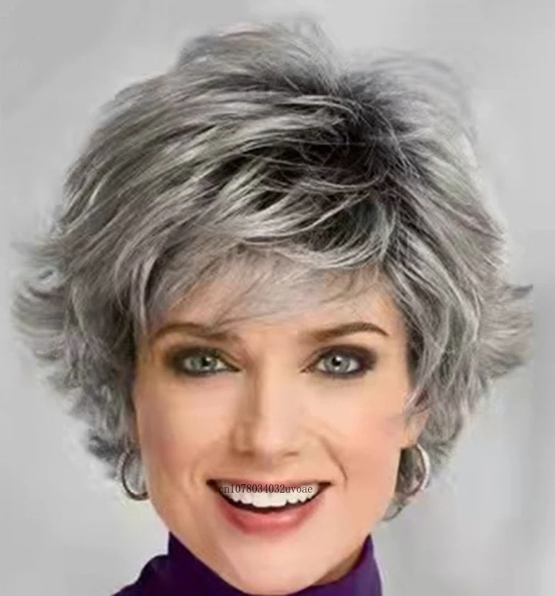 Synthetic Ombre Grey Wigs for Women Short Pixie Cuts Haircuts Natural Wigs for Mother Old Lady Wig Curly Granny Wigs Cosplay