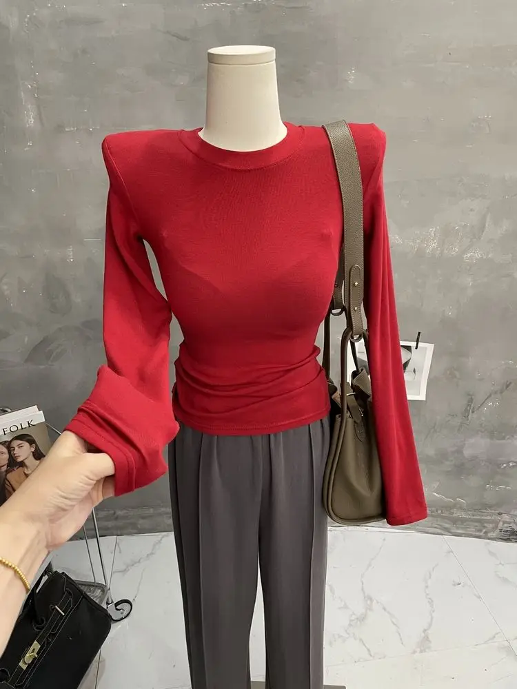 Wholesale Shoulder Pads Slim T Shirts 2024 Autumn Women High Strecth T Shirt O Neck Long Sleeve Tops Hot Sweet Solid Basic Top