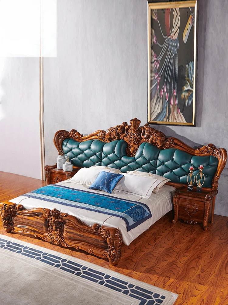 Ebony European Elephant Carved Double Bed Solid Wood Luxury Bedroom Furniture Genuine Leather Soft Bag King Bed