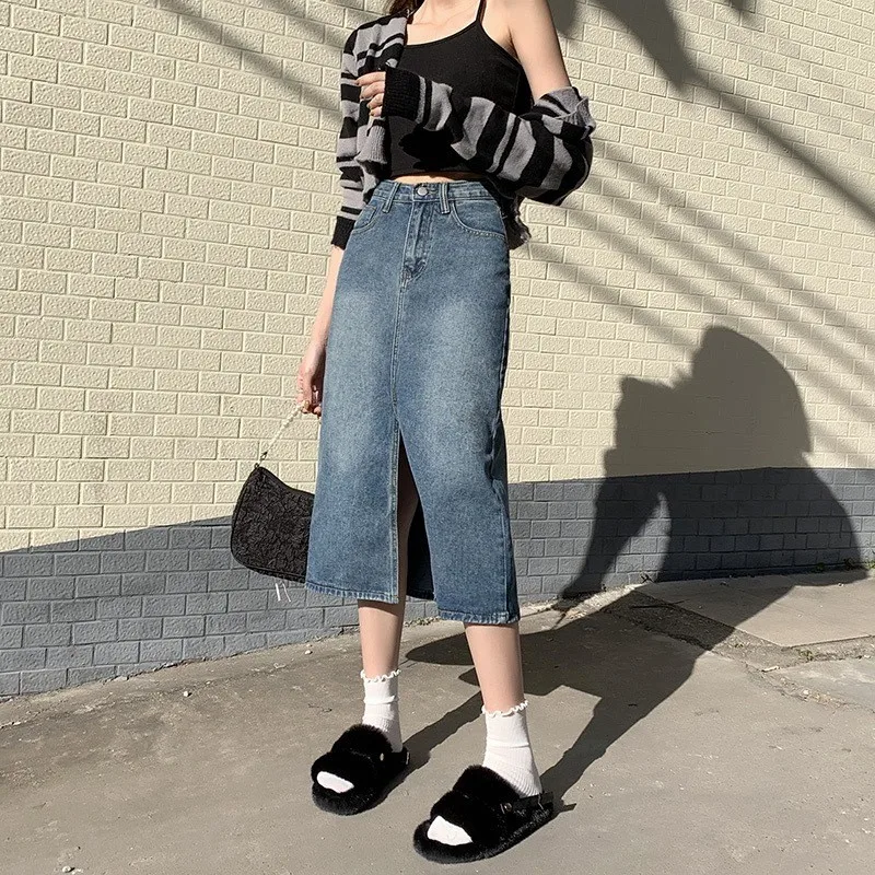 Washed Midi Length Skirt with Straight Cut Sweet Women Skirt Casual Maxi Length Sweet and Fresh Girlie Style Summer Travel