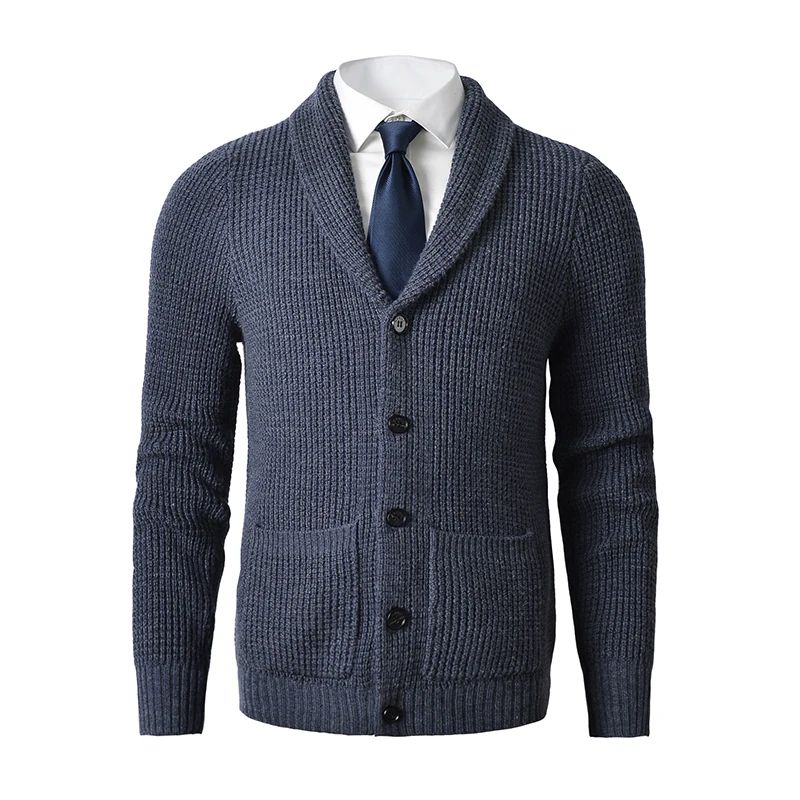 

Men's Shawl Collar Cardigan Sweater Slim Fit Cable Knit Button up Merino wool Sweater with Pockets