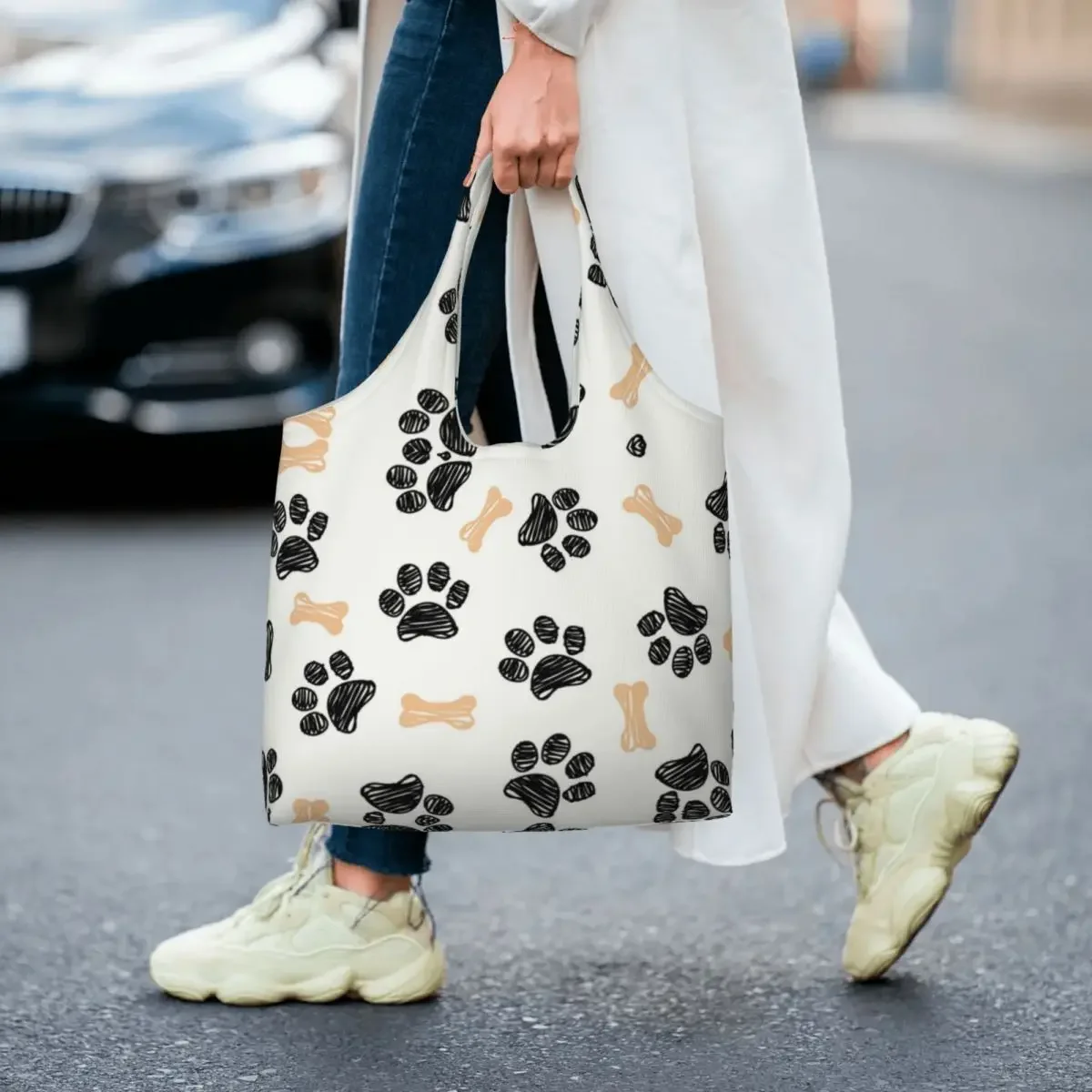 Pegada de cachorro osso saco de compras feminino ombro lona sacola durável amantes da pata animal sacos de compras de mercearia bolsas presentes