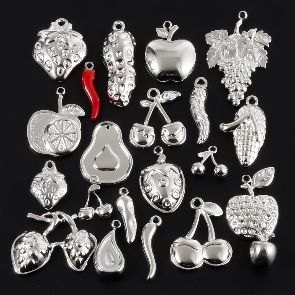 5pcs Multistyle Food Accessories Chilli Pepper Cherry Stainless Steel Pendant For Jewelry Making Charm Breloque Acier Inoxydable