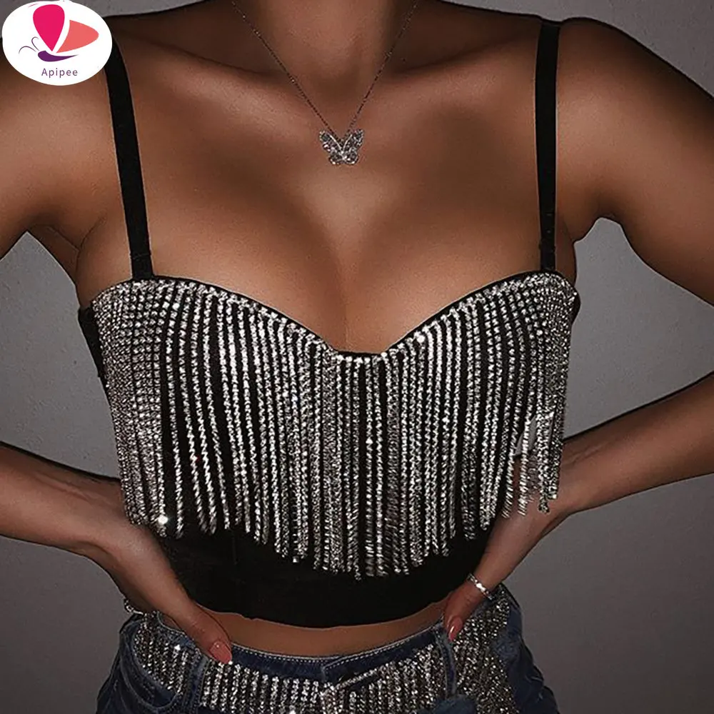 Diamond Tassel Patchwork Glitter Bustier Tops Party Night Club 2024 Summer Off Shoulder V Neck Shiny Crop Top Black Tank Tops