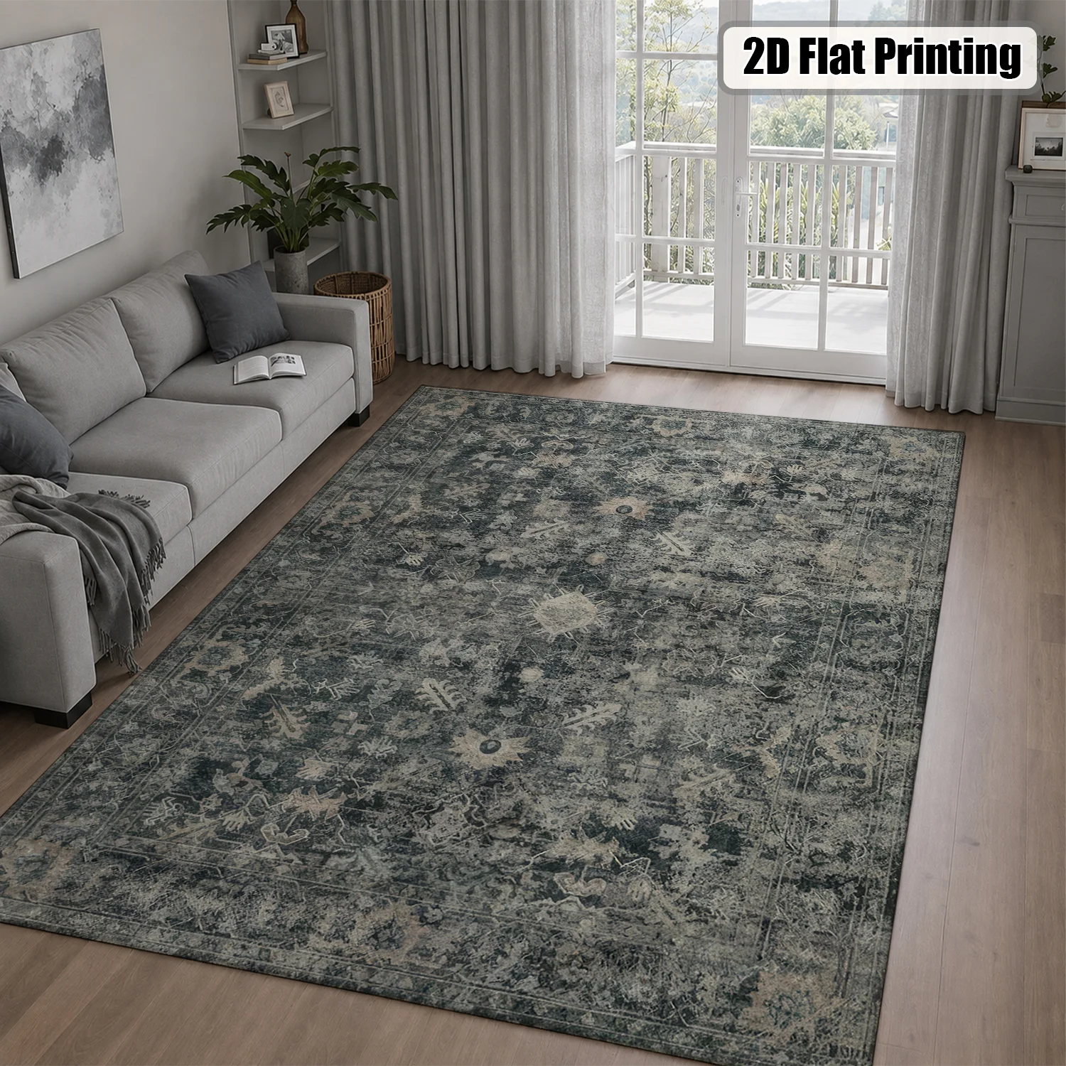 Large Indoor Area Rug, Soft Velvet Low Pile, Non-slip Dotted Backing, Machine Washable Vintage Distressed Oriental Pattern Rug for Living Room, Bedroom Muted Gray Home Floor Accent - view 3