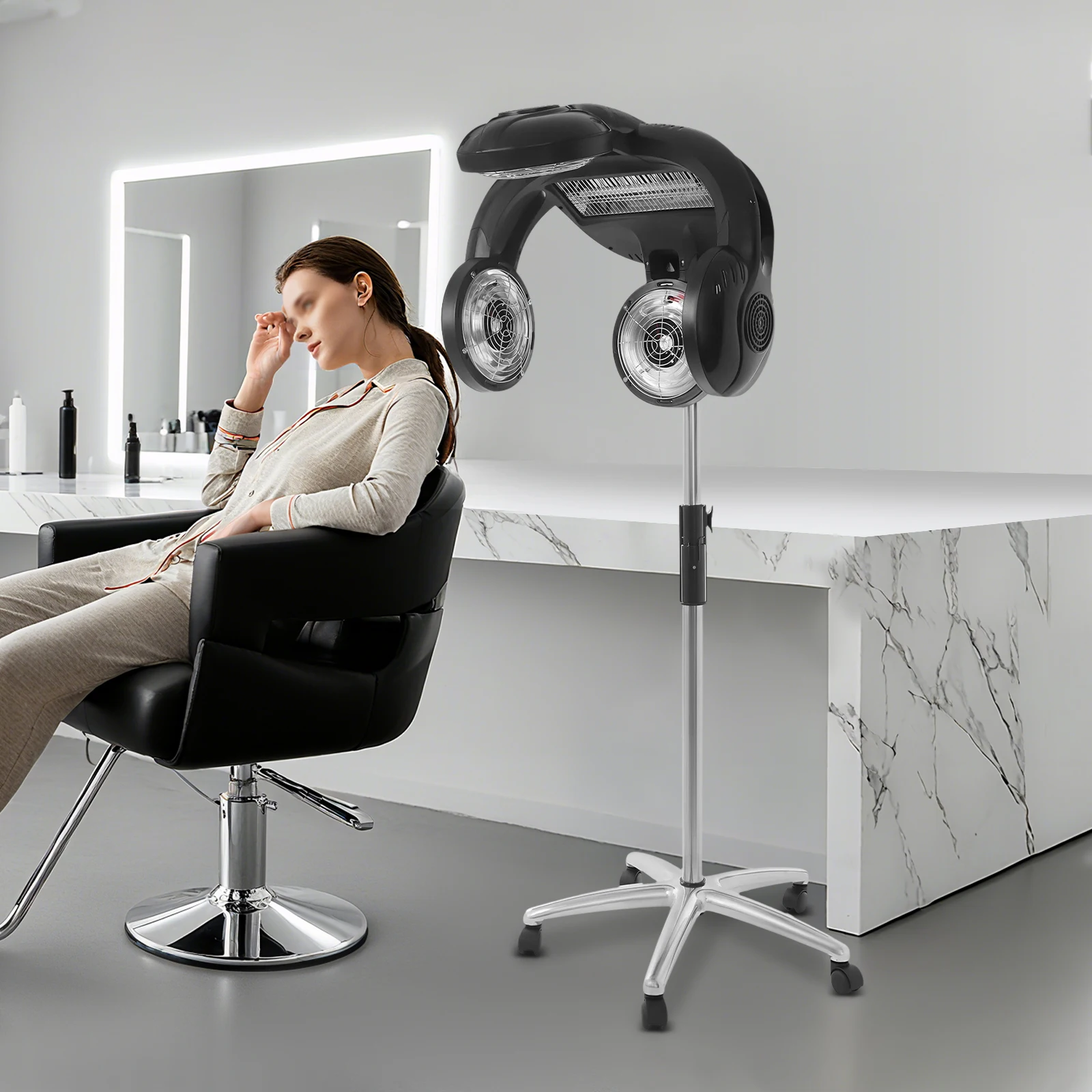 

Professional 1400W Standing Hair Dryer with 5 Modes, Adjustable Height Hooded Cap for Salon & Home Hair Styling