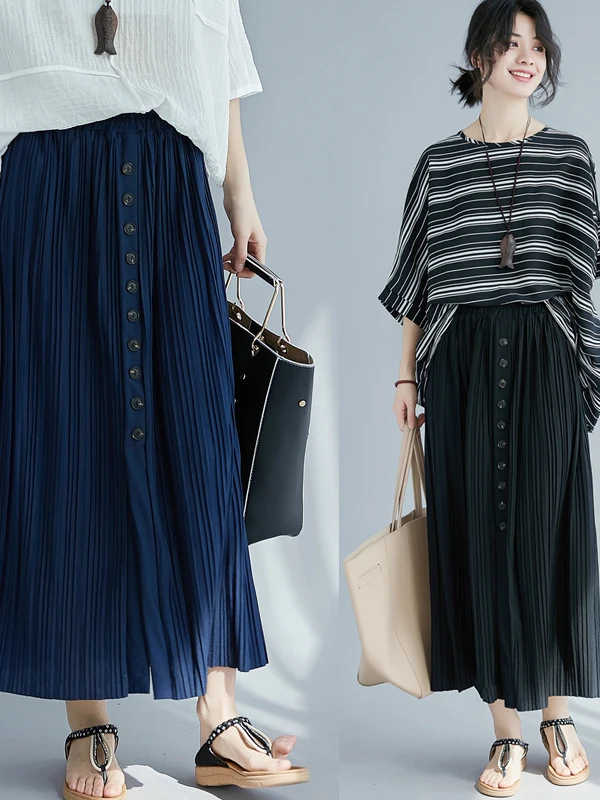 تنورة نسائية ميدي لربيع وصيف جديد مقاس كبير فضفاضة متعددة الاستخدامات للتخسيس بخصر عالٍ تنورة ذات ثنيات للتنقل الفني