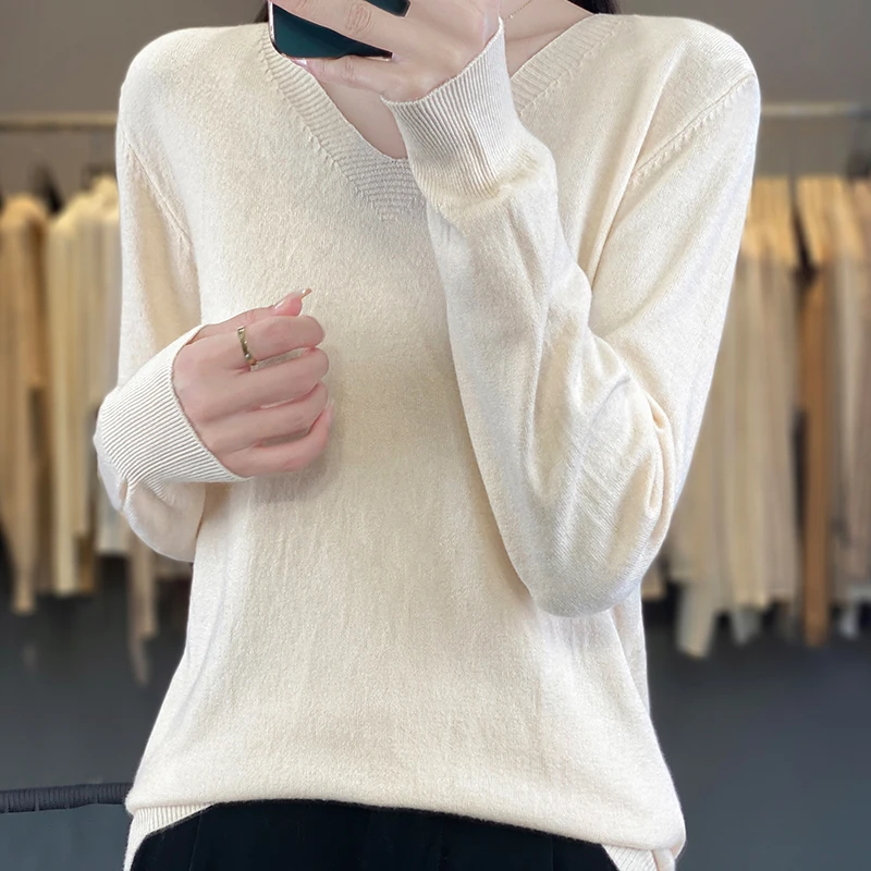 2024 Classic Style Cashmere Pullover Fashion Merino Wool Sweater V-Neck Long Sleeve Knitwear Soft Warm Basic\' Clothing Tops
