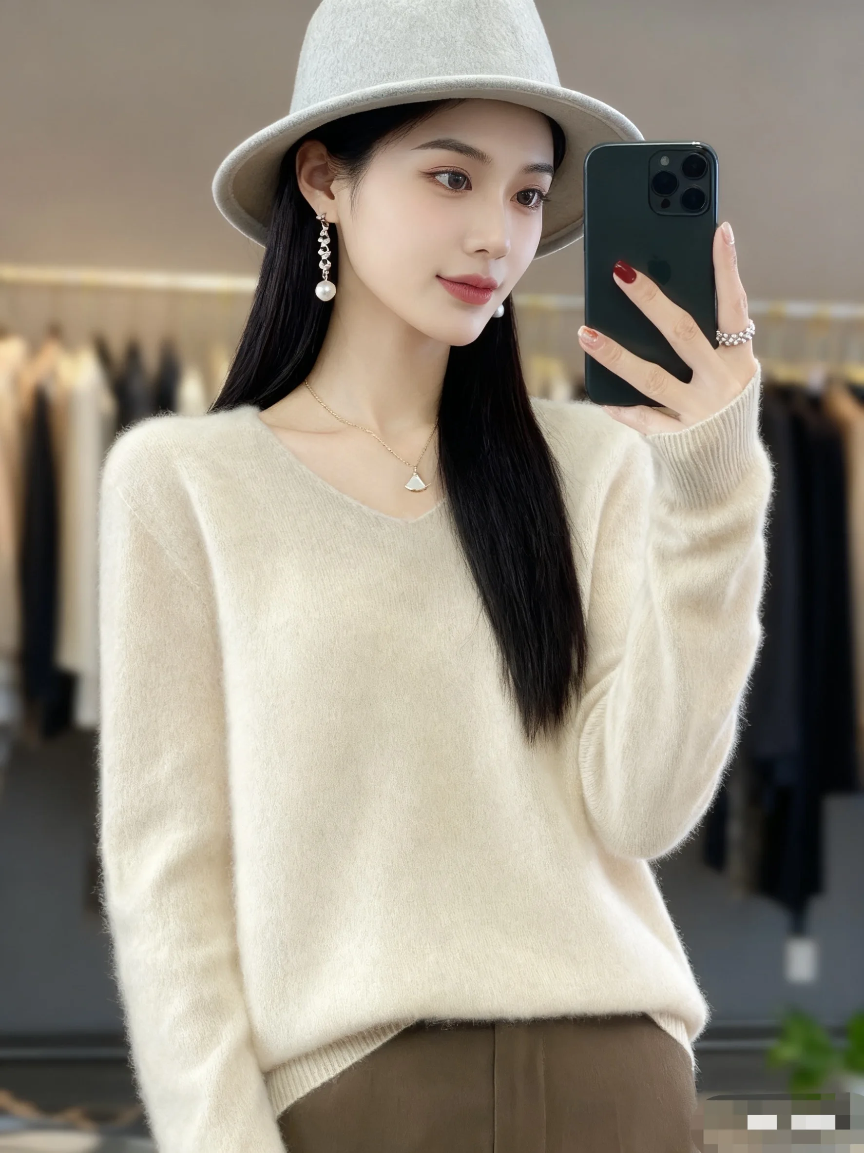 

Pullover Sweater Women's V-Neck Elegant 100% Merino Wool Sweater Autumn Winter Warm Soft Solid Casual Loose Clothing Tops