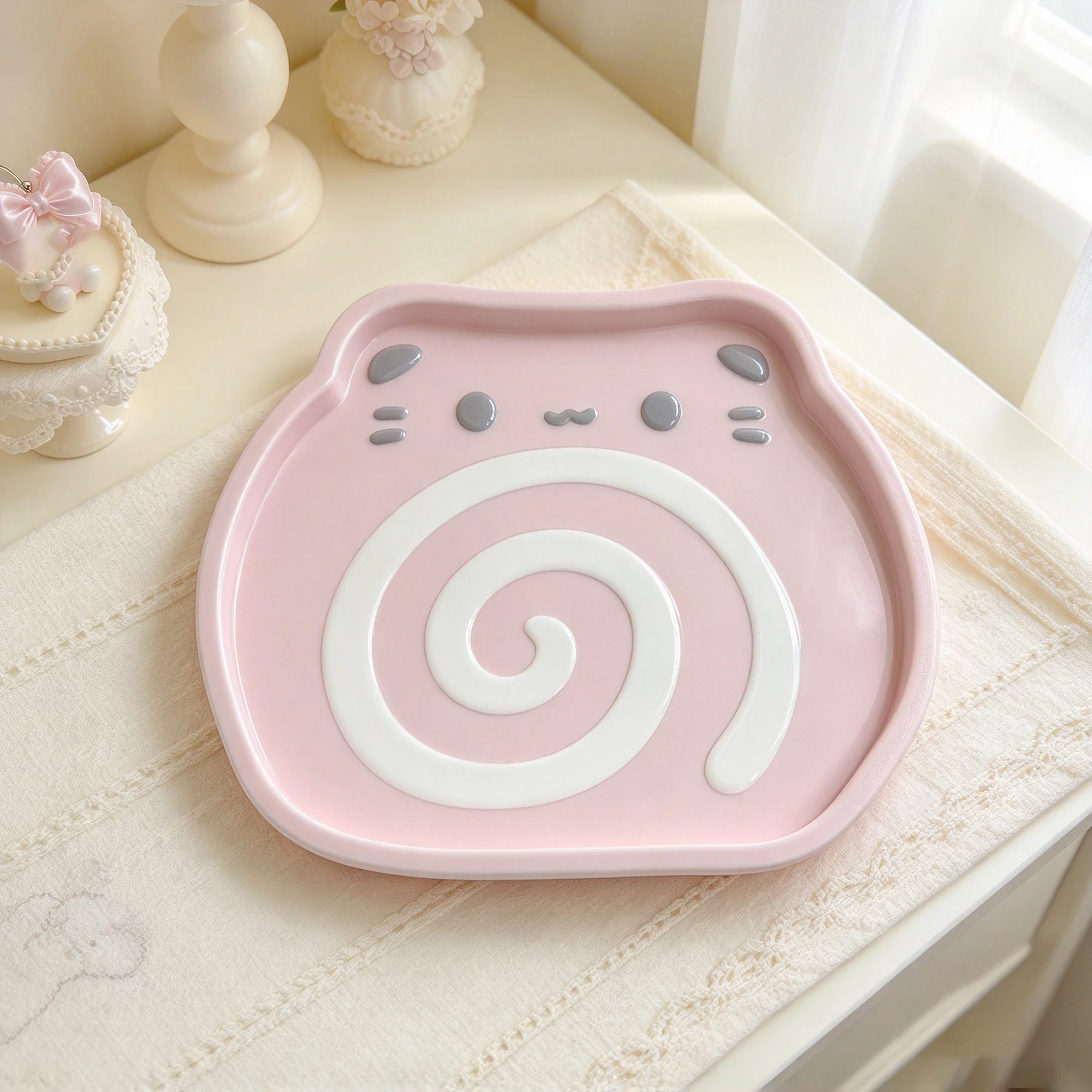 Korean-style New Super Cute Kitty Swiss Roll Tray Mini Card Storage Display Tray Desktop Key Holder Photo Decoration Ornament