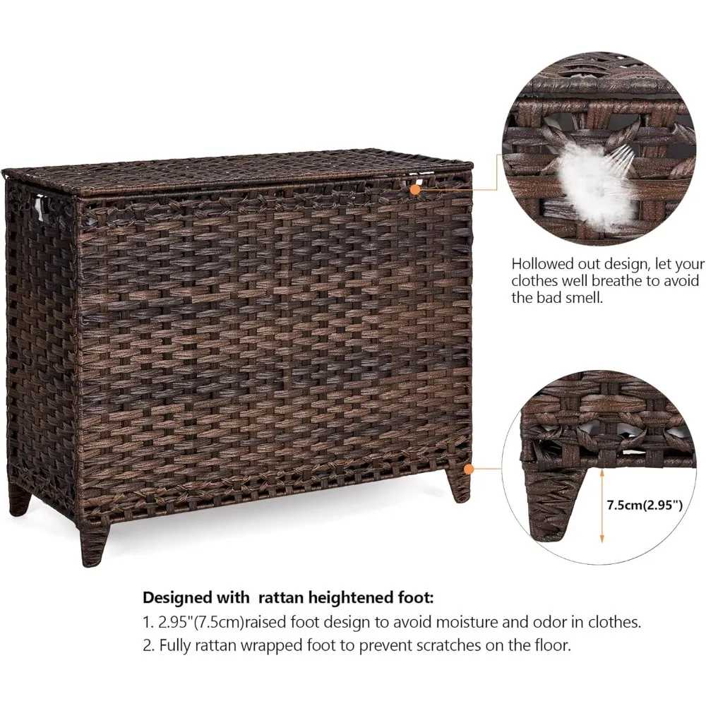 سلة غسيل الروطان المنسوجة يدويًا مع 4 بطانات قابلة للإزالة، سعة 176 لتر، وغطاء وأقدام مرتفعة لتنظيم الملابس #5