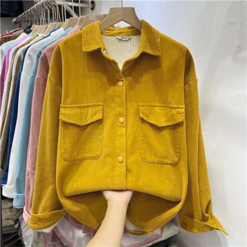 Corduroy Shirt Women Fleece Long Sleeve Blouse Autumn Winter Women\'s Clothing Korean Fashion Single-breasted Pocket Tops New