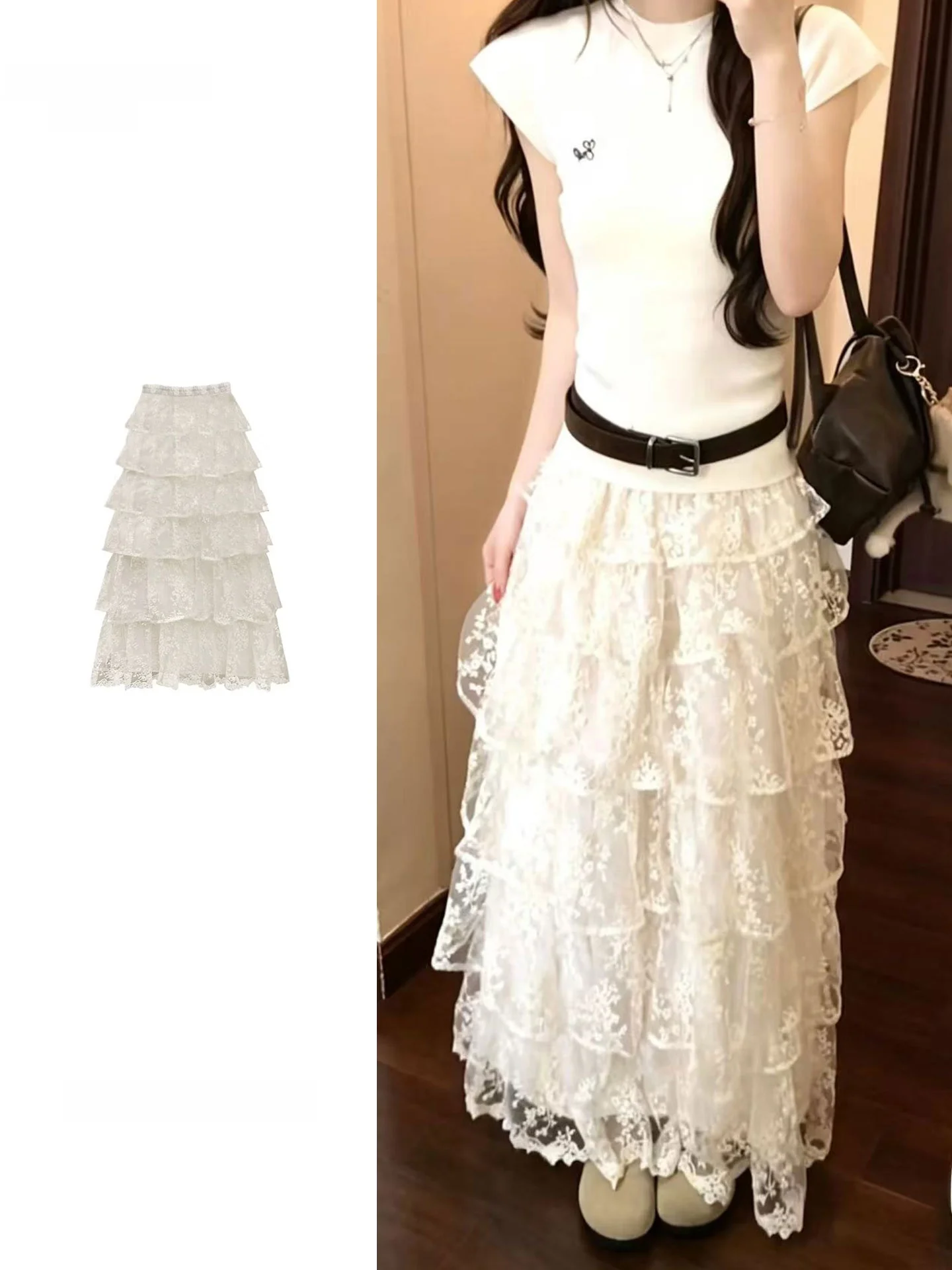 

plus Size White Lace Cake Skirt Women's High Waist Mesh Long Skirt Breathable Fairy Slimming Summer New Style Fairy Skirt