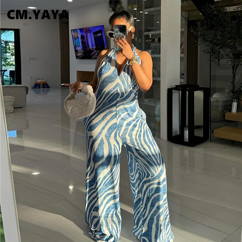 CM.YAYA Women Tie Dye Striped Print Halter V-Neck Backless Loose Wide Leg Jumpsuits outfits 2024 Summer Beach Sleeveless Rompers