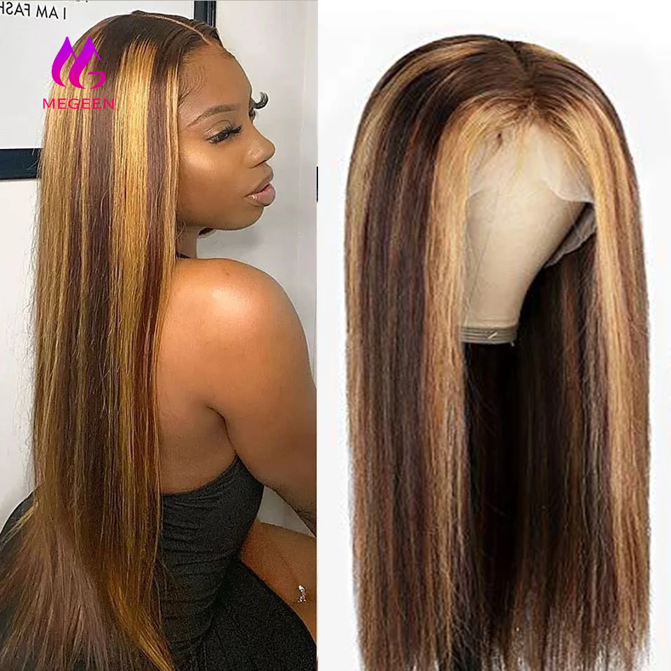 Megeen 100% Human Hair Highlight P427 Colored Straight 13X4 Lace Front Wig  Pre Plucked Honey Blonde Human Hair Lace Front Wig