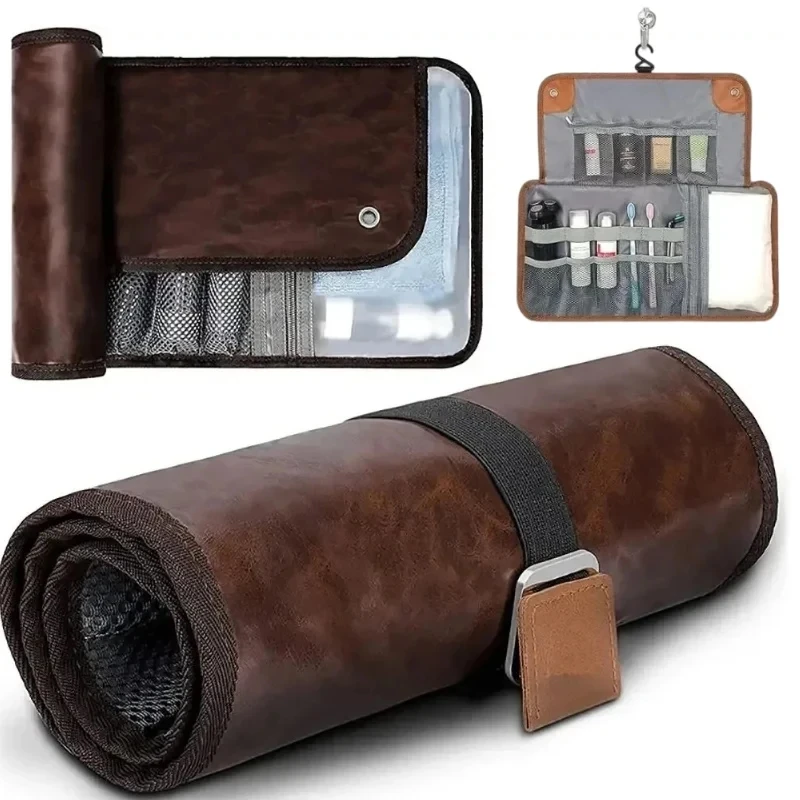 حقيبة أدوات الزينة للرجال منظم السفر حقيبة للحمل مقاومة للماء للحمام من جلد البولي يوريثان