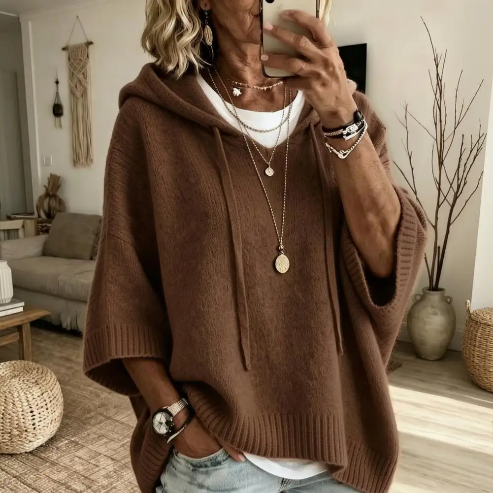 Loose Fit Sweater Autumn Women Knit Pullover Sweater Loose Fit Drawstring Hoodie 3/4 Sleeve Drop Shoulder Top Solid Color 5