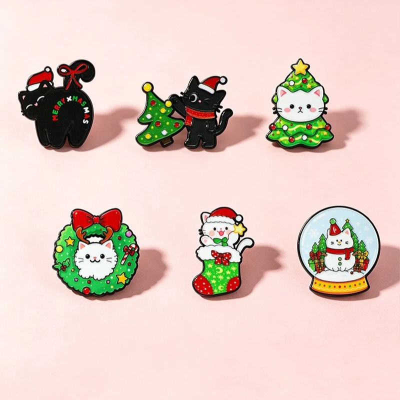 New Fashion Exquisite Christmas Brooch Cartoon Cute Cat School Bag Holiday Badge Decoration Pin DIY