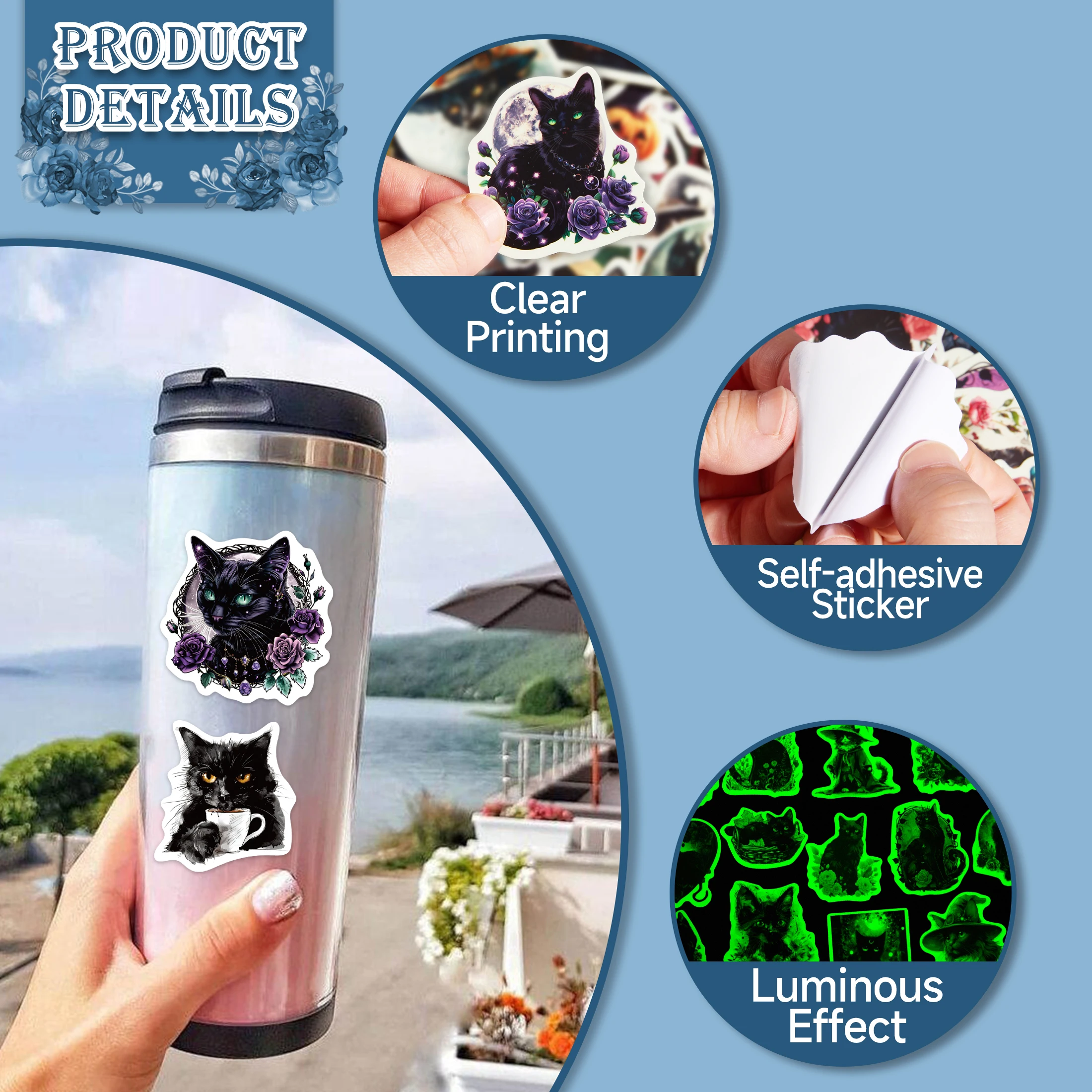 Świecące w ciemności naklejki z motywem kota i słońca, 51 szt., ciemny styl, świecące naklejki samoprzylepne, wodoodporne, artykuły.