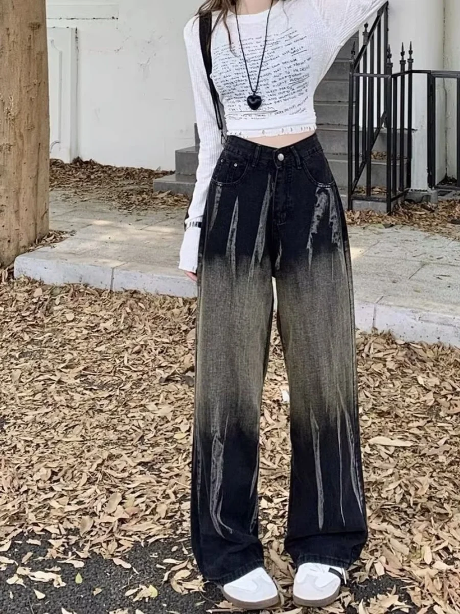 

Американские широкие джинсы с высокой талией, женские свободные брюки на осень-зиму, большие размеры, дизайнерские прямые длинные брюки для похудения