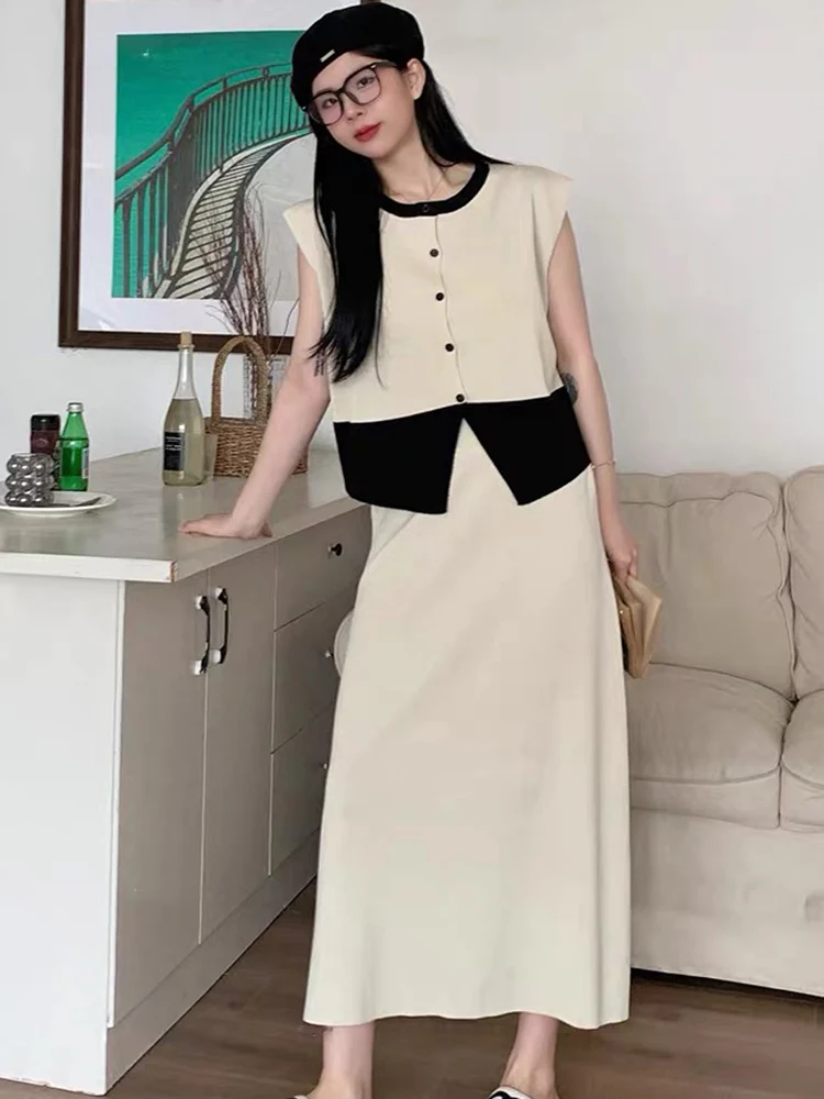 Korean Summer Fashion Splicing Contrast Knitted Two Piece Set Women Sleeveless Tops + Midi Skirts 2024 New Casual Vintage Suit