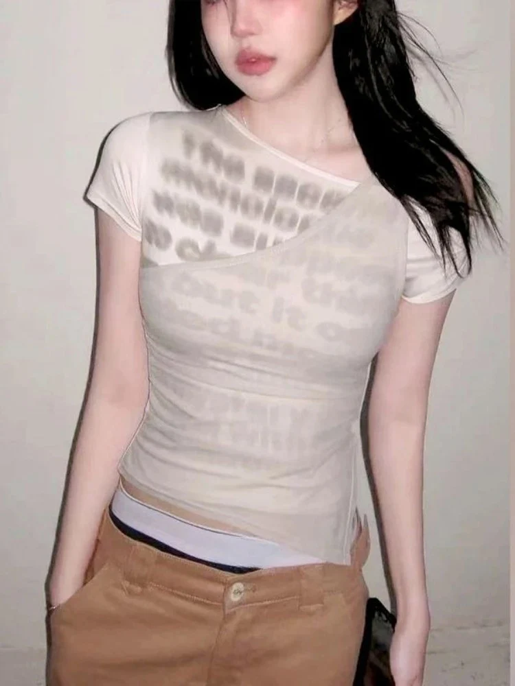 Fake Two Pieces Y2k Woman Letter Printing Tshirts Skew Collar Bandage Sexy Short Sleeve Tops New Summer Slim Fit Pleated T-shirt