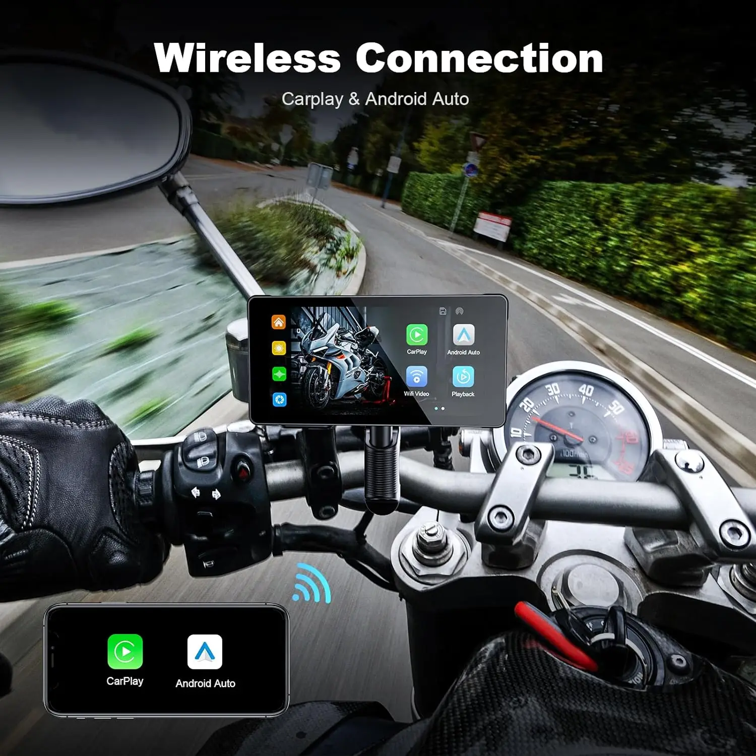 Motorcycle DVR Wireless Carplay Android Auto TPMS Dual HD 2K Cameras GPS 5-Inch WiFi Bluetooth Detection Loop Recording G Sensor