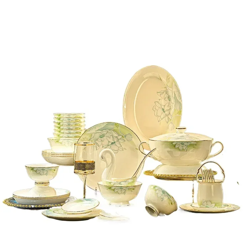 Bone China Tableware Set Simple Chinese Style High End Dishes and Chopsticks Household Set for Housewarming