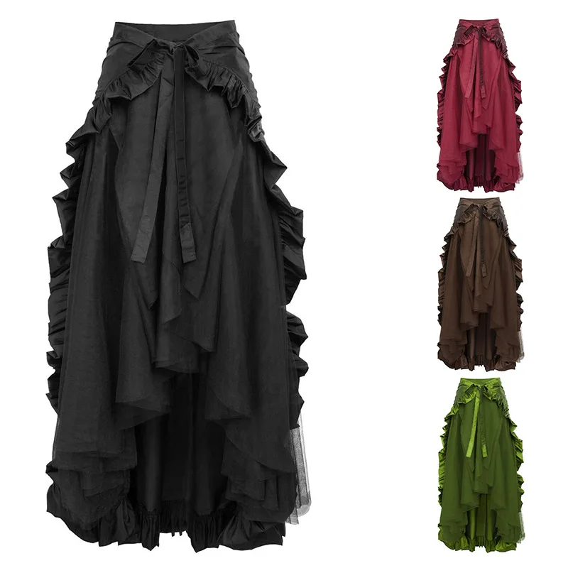 Victorian Irregular Layered Midi Skirt for Women,Vintage Gothic Ruffled Pirate Skirts,Asymmetrical Mesh Ruffle Maxi Dance Skirts