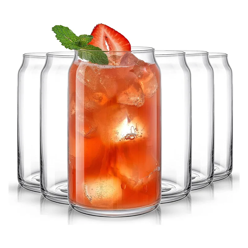 

RR-Drinking Glass Cups Set Of 6 - 16Oz Beer Can Glasses. Clear Soda Can Shaped Glass Cups, Cute Iced Coffee Cup Tumblers
