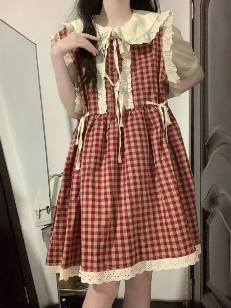 

Preppy Style Matching Sets Peter Pan Collar Puff Sleeve Shirts Ruffles Patchwork Lace Up Tank Dress Summer Sweet Women Clothing