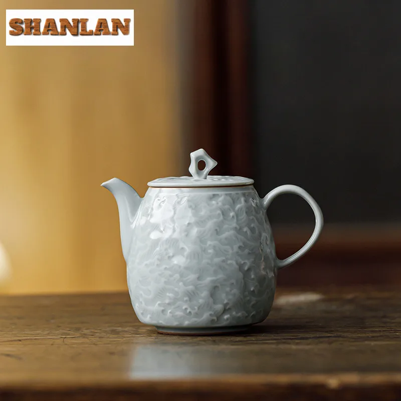 175ml Sky Blue Ru Kiln Porcelain Teapot Handmade Relief Stone Tea Infuser Pot Tea Brewing Kettle With Ball Hole Chinese Tea Set