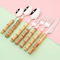 7Pcs Wood Bamboo Handle Cutlery Set Knife Cake Fork Coffee Spoon Tableware 304 Stainless Steel Dinnerware Dessert Fork Spoon Set