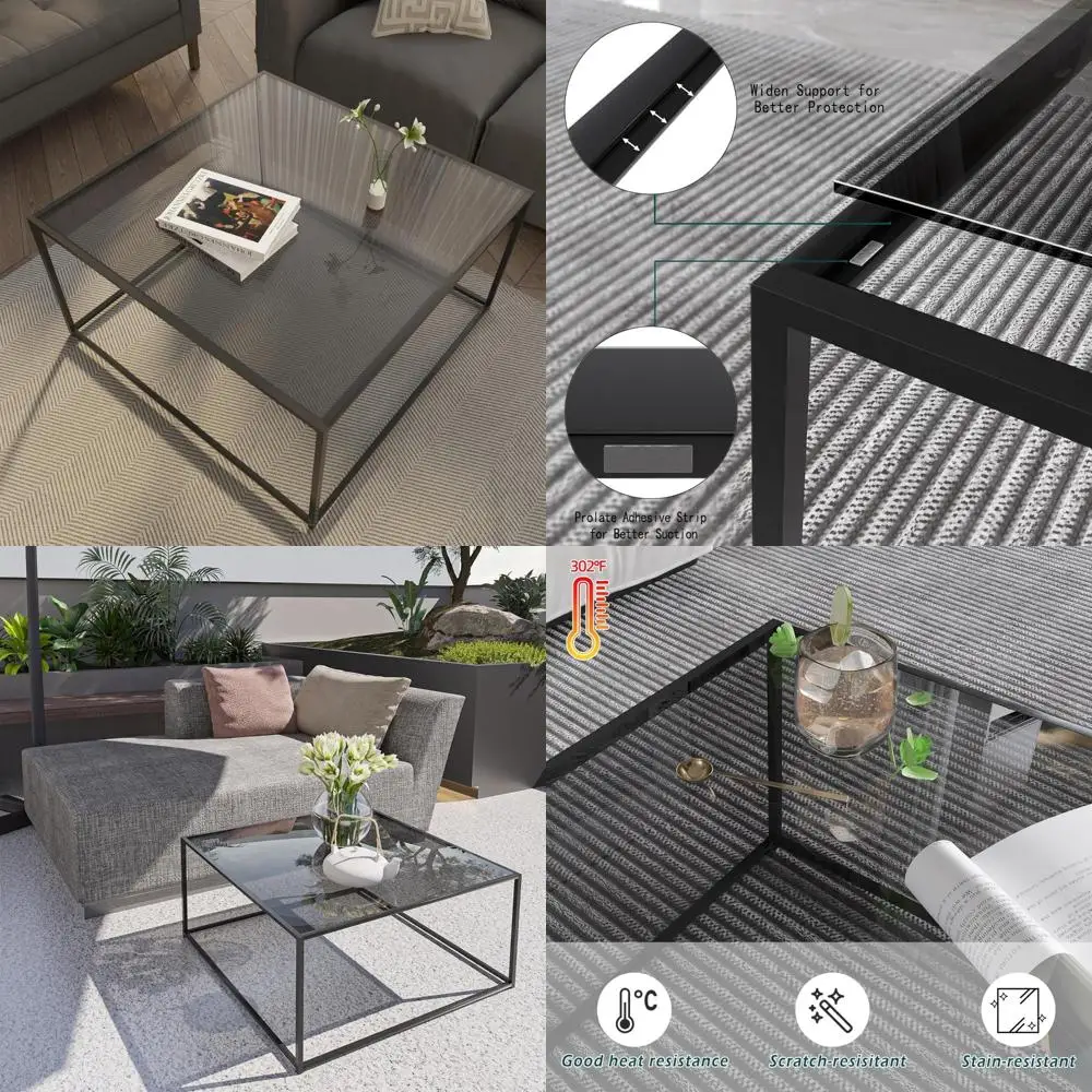 طاولة قهوة زجاجية مربعة حديثة لغرف المعيشة الصغيرة - سطح من الزجاج المقسى بإطار معدني، مثالية لجانب الأريكة