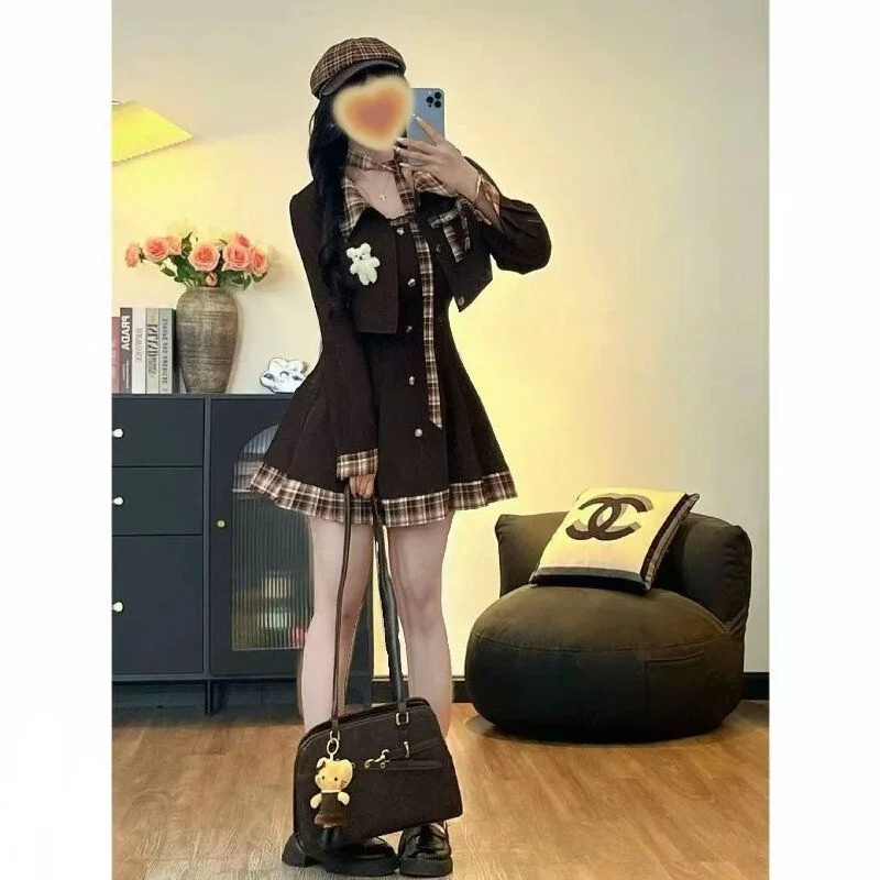 

plus Size College Style Patchwork Halter Dress Set Autumn Winter Slimming Long Dress Cardigan Two Piece Set for Plump Women