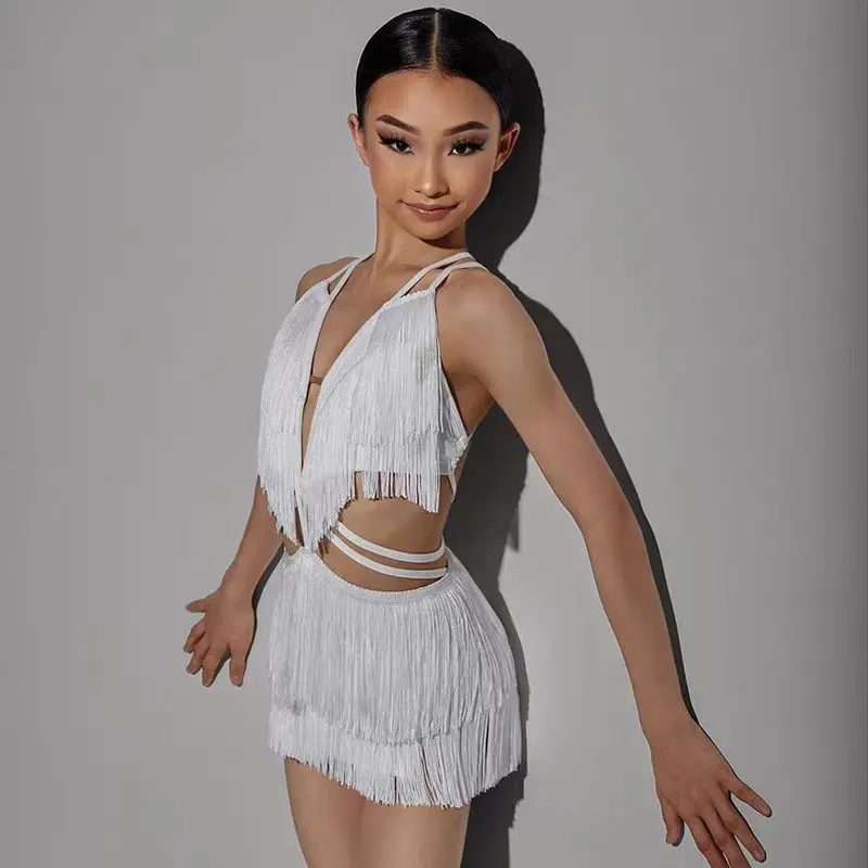 Customized Latin Dance Suit Practice Dress for Girls High end Childrens Performance Professional Cross back top and tassel skirt