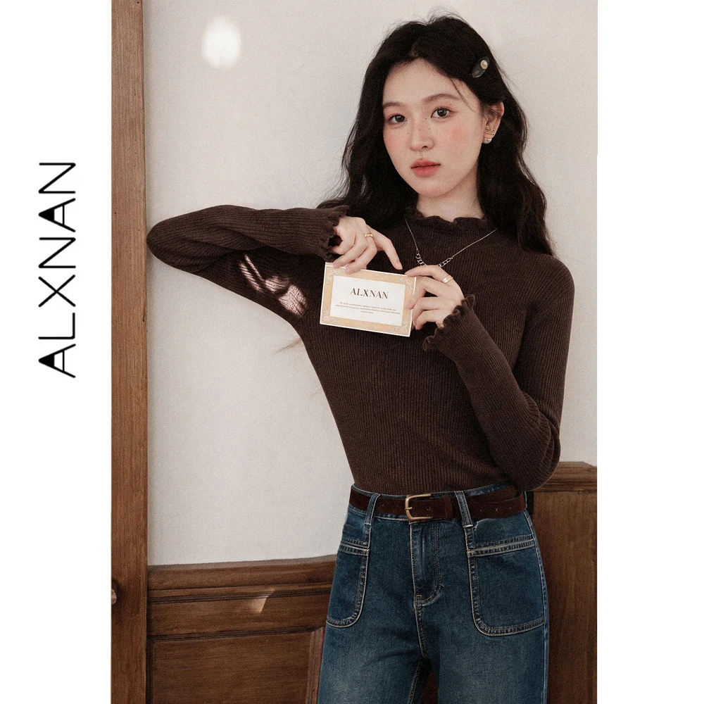 ALXNAN Brown Knit Sweater Women Fall Ruffled Mock Neck Slim Fit Layering Pullover 2026 Vintage Elegant Long Sleeve Top L685267A