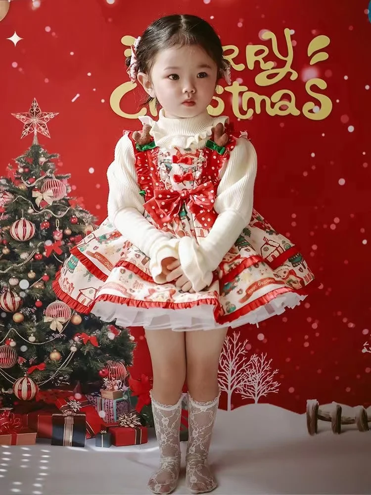 Winter Rabbit Plus Velvet Christmas Dress Lolita Princess Dress Baby Birthday Dress New Year Kids Clothes Flower Girl Dresses