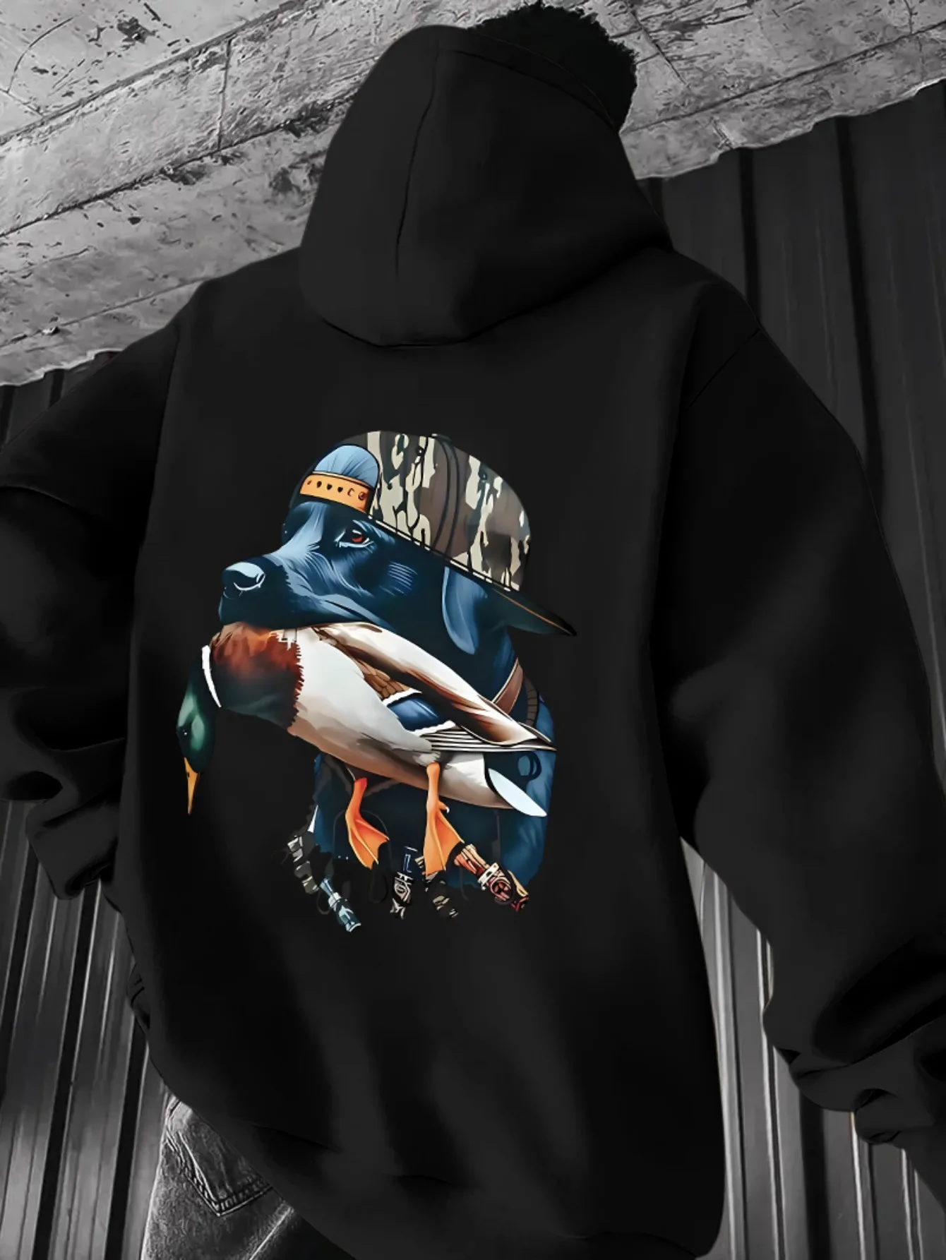 Men's loose and stylish hooded sweatshirt, with hunting dog and wild duck prints, soft and loose hunting-style street hoodie