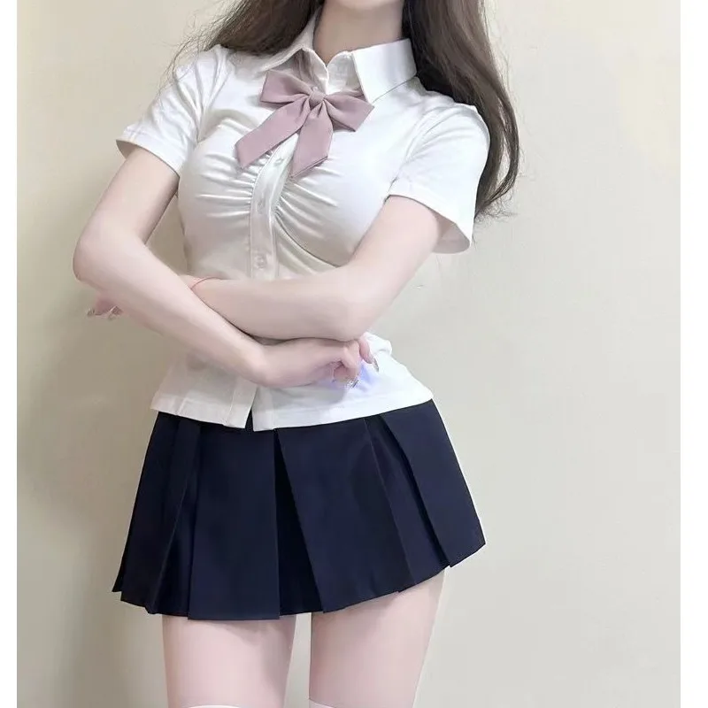 

White ort Sve irt with Waist-Cinching Bowtie And Pleated Design Two-Piece Set College JK orm Sle Faionable Sli...