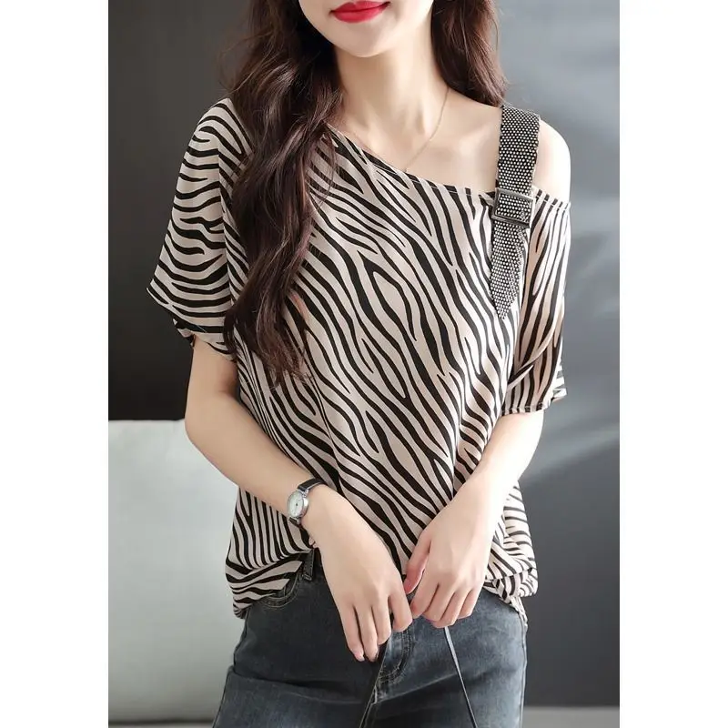 Fashion Skew Collar Printed Striped Slip Off Shoulder Blouses Women's Clothing 2024 Summer Loose Office Lady Tops Chic Shirts