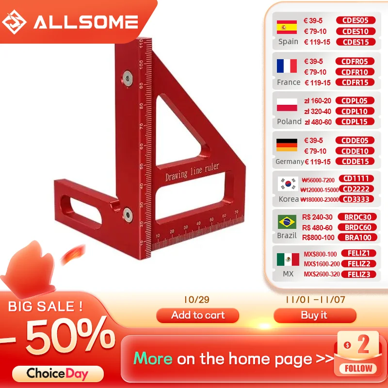 

Allsome 3D Angle Measuring Ruler 45 90 Degree Triangle Scriber Square Protractor, Miter Triangle Ruler for Carpenter