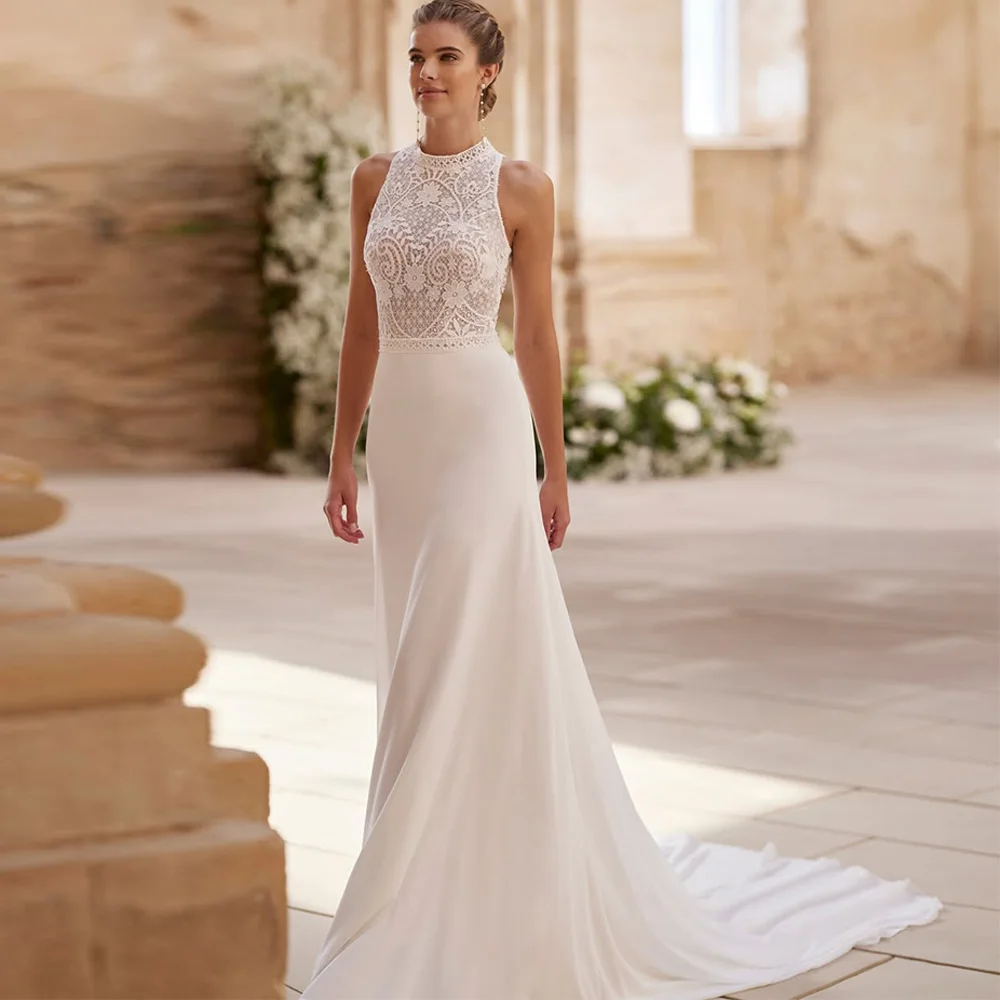High Quality Chiffon A-Line Bridal Gowns Customized O-Neck Sleeveless Wedding Dress Dreamy Appliques Lace Vestido De Novia