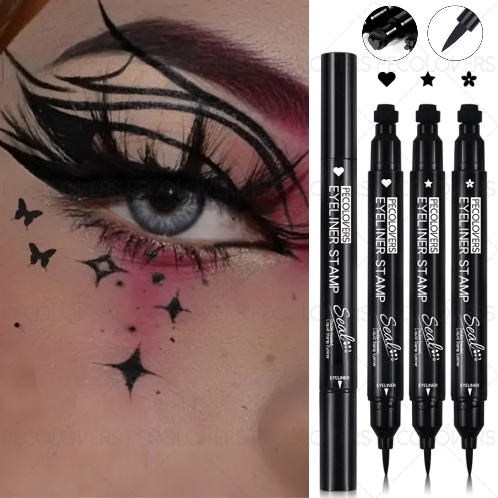 Crayon Eyeliner Double tête 1 pièce, imperméable, séchage rapide, comprenant motif étoile et cœur, adapté aux Festivals/fêtes