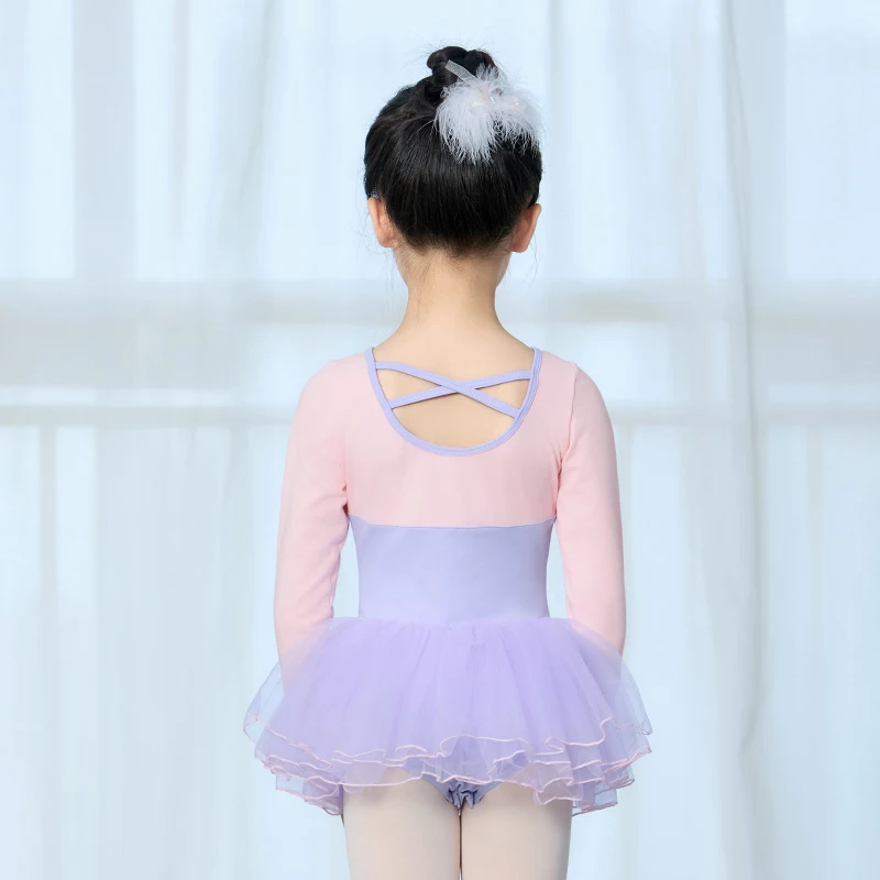 Mädchen Ballett Trikots Tanz Tutu Farbe Spleißen Tanz Bodys Langarm Kinder Gymnastik Trikot mit 4-lagigem Mesh Tutu Rock
