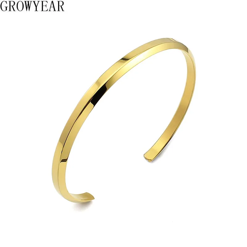 Classic Simple Stainless Steel Bangle Bracelet 4mm Beveled Edge Opening Cuff Bangles Small Silver Gold Color for Women Men