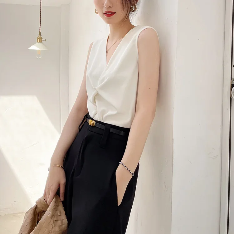 Women's Cropped Top Vest Female Summer 2024 Office Lady White Chiffon Twist Cross Chic Sleeveless Tops