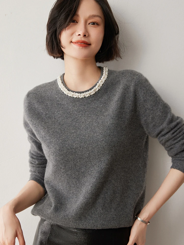 

Sweet Women Sweater Pullover Autumn Winter 100% Cashmere Sweater Knitwear O-Neck Diamonds Basic Pullover Clothing Soft Solid Top