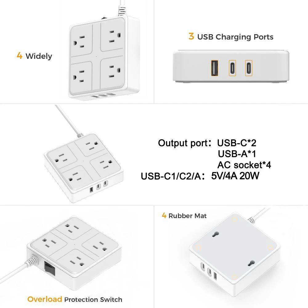 US Plug Power Strip AC Outlets Multitap Electrical Socket Extension Cord With USB C Ports Fast Charging Network Filter Adapter