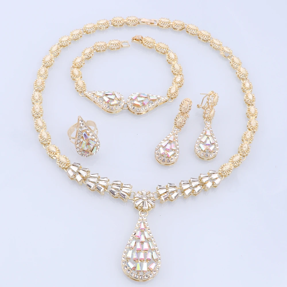 Dubai Gold Color Jewelry Sets Water Drop Pendant Necklace Earrings Ring Bracelet Classic Design 4Pcs Set Party Jewelry